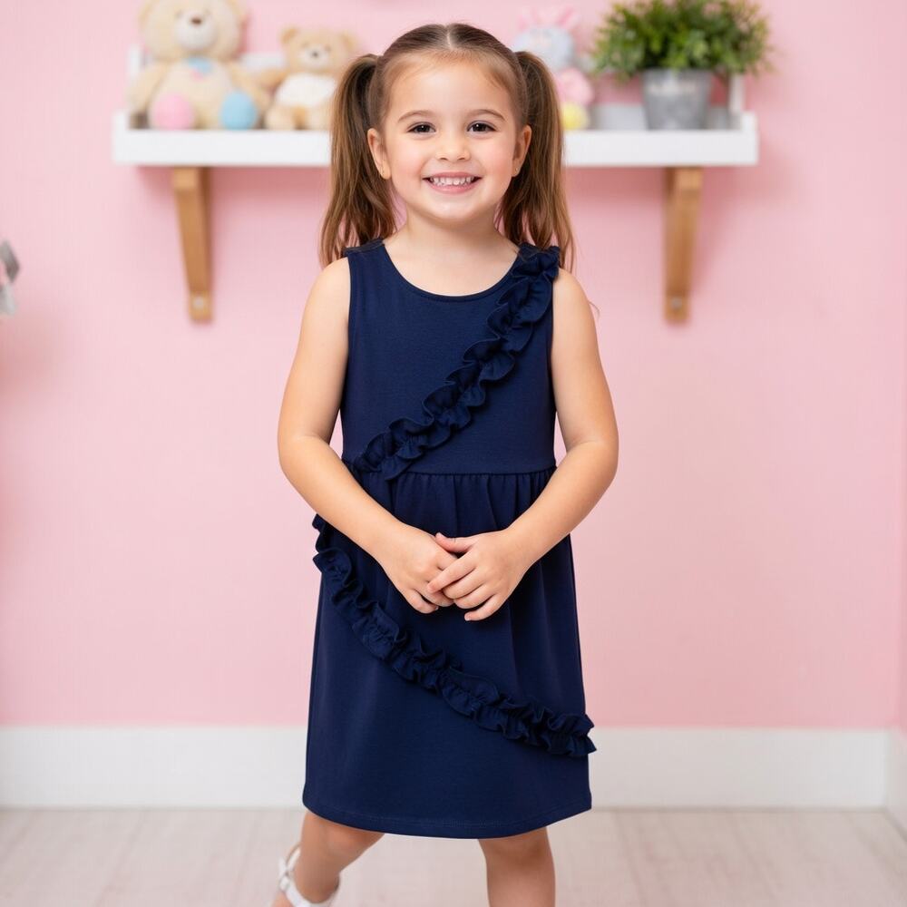 Janie & Jack Navy Knit Ruffle Sleeveless Dress 6